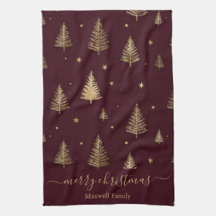 Paño De Cocina Árboles de navidad alegres chic burgundy dorado br