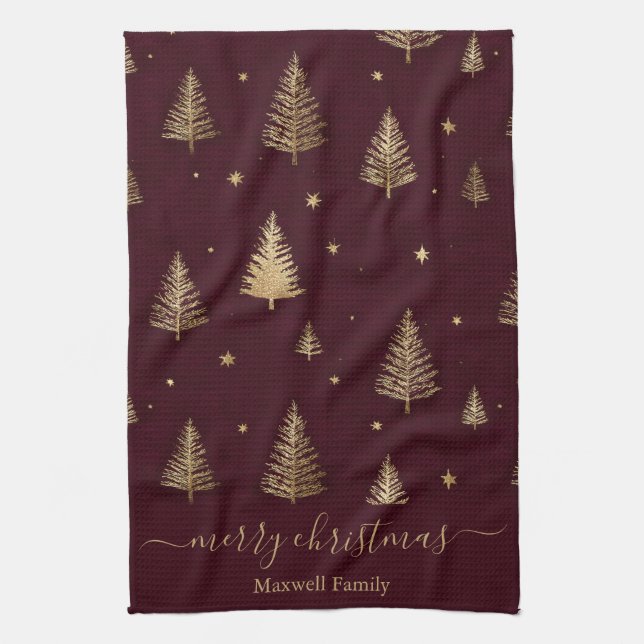Paño De Cocina Árboles de navidad alegres chic burgundy dorado br (Vertical)