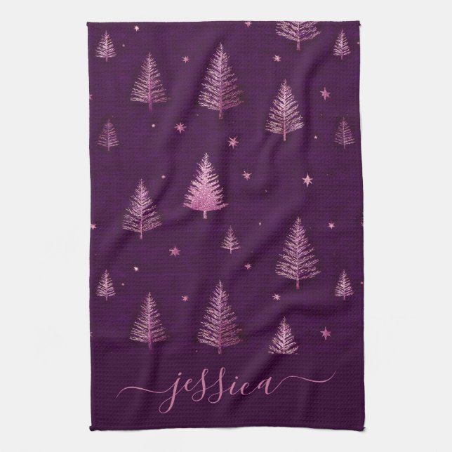 Paño De Cocina Árboles de Navidad purpura brillo rosa Chic nombre (Vertical)