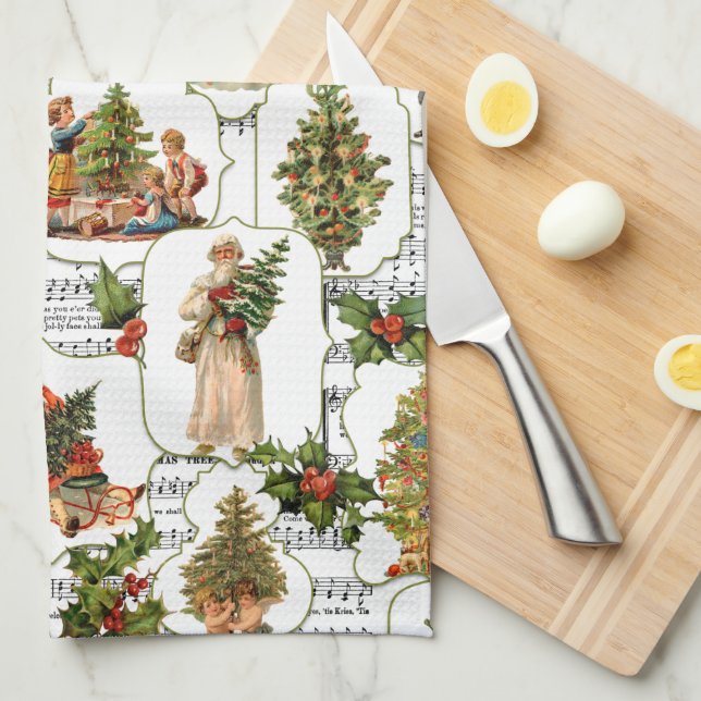 Paño De Cocina Árboles de Navidad victorianos, Holly y música (Doblado Cuarto)
