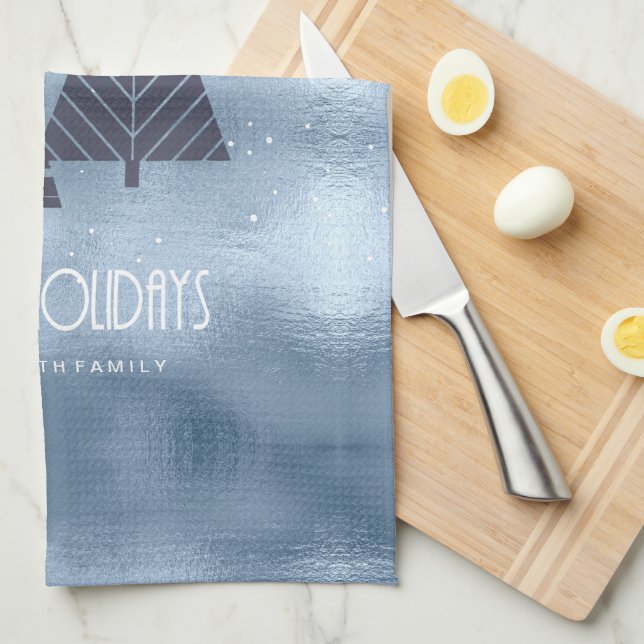 Paño De Cocina Árboles de Navidad y copos de nieve Blue ID863 (Doblado Cuarto)