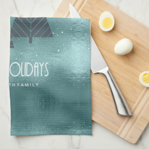 Paño De Cocina Árboles de Navidad y copos de nieve Verde azulada