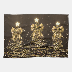 Paño De Cocina Árboles Navideños Brillantes Dorados con Lazo Fals