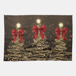 Paño De Cocina Árboles Navideños Brillantes Rojo Oro con Lazo Fal