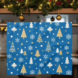 Paño De Cocina Árboles navideños festivos copos de nieve azul