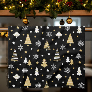 Paño De Cocina Árboles navideños festivos copos de nieve negro