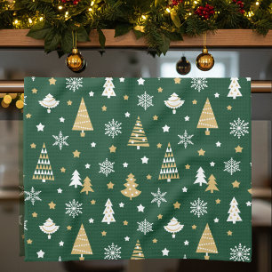 Paño De Cocina Árboles navideños festivos copos de nieve verde os