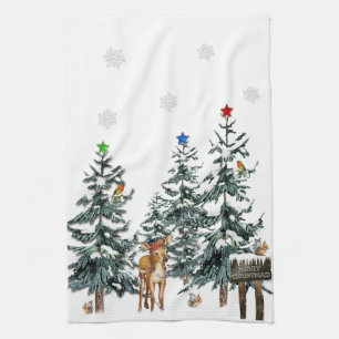 Paño De Cocina Árboles navideños pájaros de venado copan nieve en