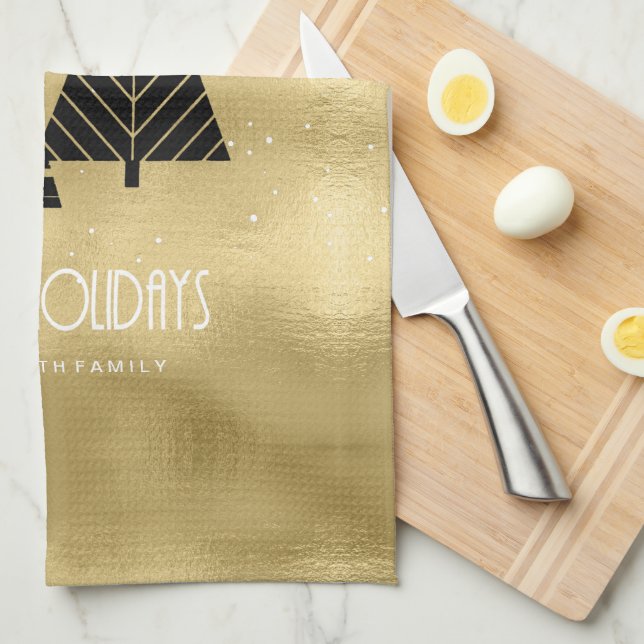 Paño De Cocina Árboles navideños y copos de nieve Gold ID863 (Doblado Cuarto)