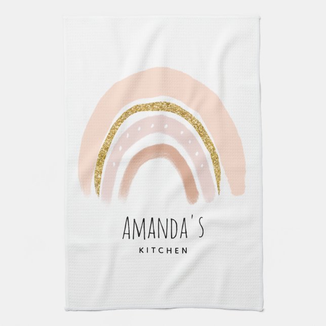 Paño De Cocina Arcoíris elegante boho rosa y dorado (Vertical)