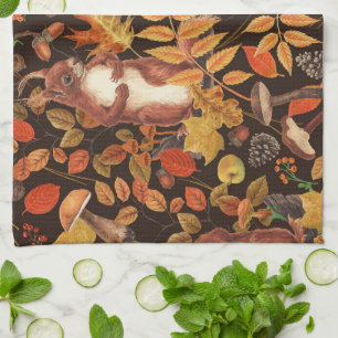 Paño De Cocina ardillas y flora otoñales en marrón oscuro
