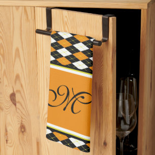 Paño De Cocina Argyle oscuro de otoño monograma