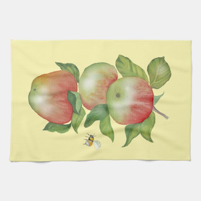 Paño De Cocina Armonía dulce: manzanas acuarelas y una abeja (Horizontal)