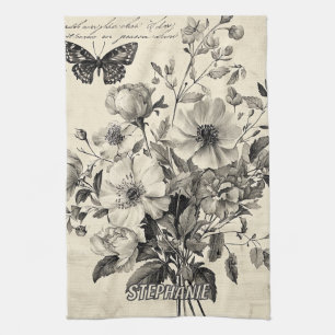 Paño De Cocina Arreglo floral antiguo - Mariposa monocroma