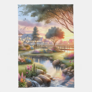 Paño De Cocina Arroyo del Jardín de la Cabaña al Atardecer