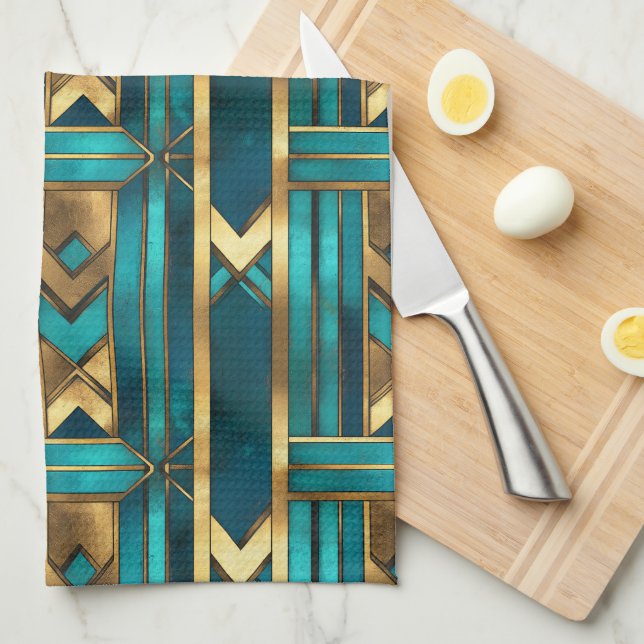 Paño De Cocina Art Deco Geometric Arrows, Gold and Turquoise (Doblado Cuarto)