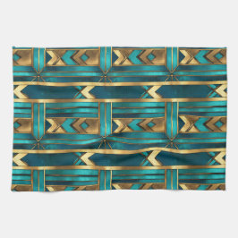 Paño De Cocina Art Deco Geometric Arrows, Gold and Turquoise