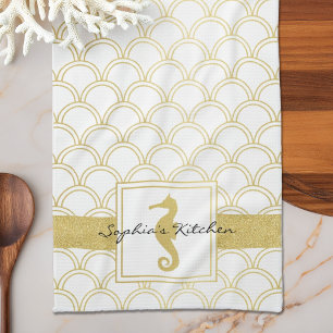 Paño De Cocina Art Deco Ocean Wave Gold Seahorse Beach House