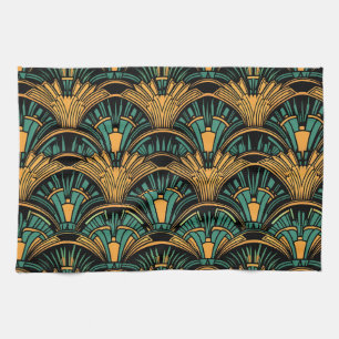 Paño De Cocina Art Deco verde azulado y dorado
