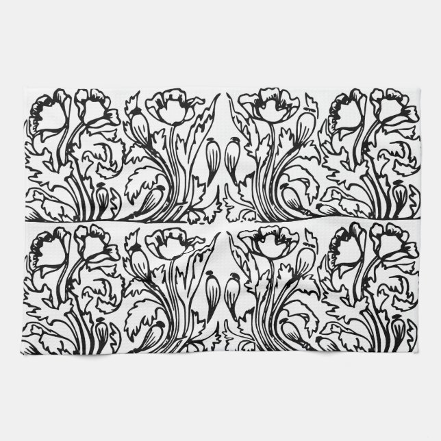 Paño De Cocina Art Nouveau amapola floral blanco negro elegante (Horizontal)