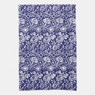 Paño De Cocina Art Nouveau Carnation Damask, Navy Blue and White