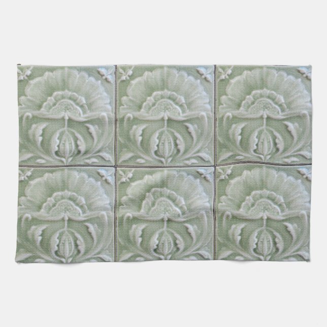 Paño De Cocina Art Nouveau jugendstil flor azulejo verde (Horizontal)
