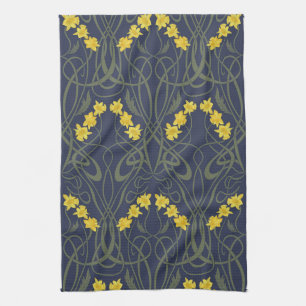 Paño De Cocina Art Nouveau Narcisos Amarillos y Tallos Azules