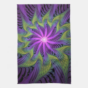 Paño De Cocina Arte abstracto fractal moderno de flor verde púrpu