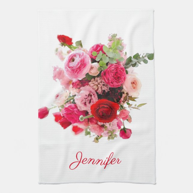 Paño De Cocina Arte acuarela Roses rojos rosados personalizados m (Vertical)