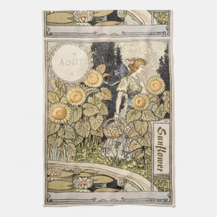 Paño De Cocina Arte Antiguo Jardín de Girasoles Art Nouveau Grass