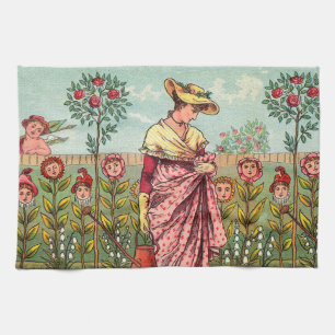 Paño De Cocina Arte Antiguo Mujer Flor Creciente Jardín