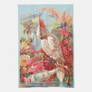 Paño De Cocina Arte botánico vintage de cacatúa tropical y rosa