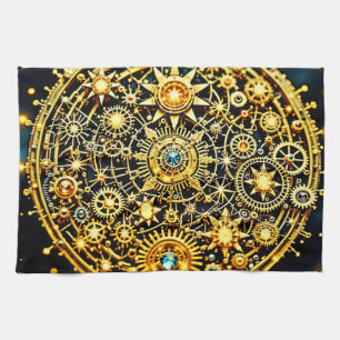 Paño De Cocina Arte Celestial de Relojería Dorada