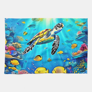 Paño De Cocina Arte de arrecife de tortuga marina vibrante