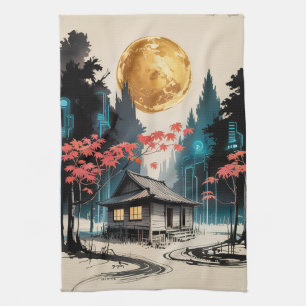 Paño De Cocina Arte de Cabaña Iluminada por la Luna en Bosque Jap