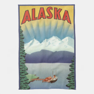 Paño De Cocina Arte de cartel de viaje vintage de Alaska, paisaje