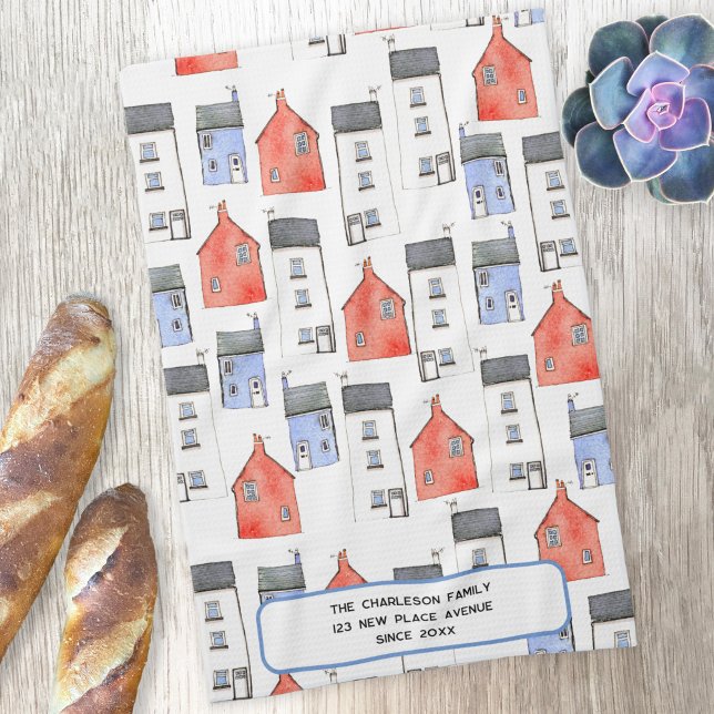 Paño De Cocina Arte de la Casa de Agua Personalizado (Watercolor house art personalized tea towel housewarming gift)