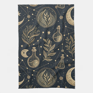 Paño De Cocina Arte de línea dorada celestial - Fases lunares y p