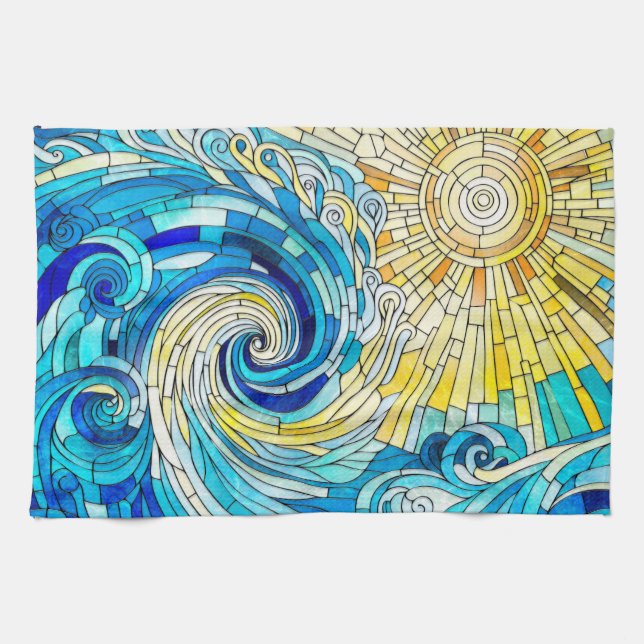 Paño De Cocina Arte de mosaico de Ocean Wave Sun (Horizontal)
