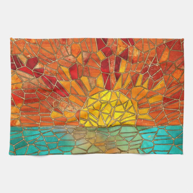 Paño De Cocina Arte de mosaicos de la salida del sol sobre el mar (Horizontal)