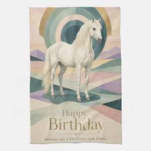 Paño De Cocina Arte Deco Cumpleaños Caballo Blanco Geométrico