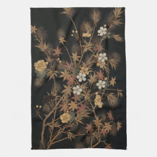 Paño De Cocina Arte Floral de Otoño Vintage Japonés Negro Dorado