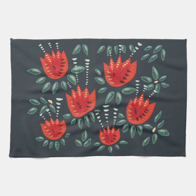 Paño De Cocina Arte floral de tulipanes rojos caprichosos - Prima (Horizontal)