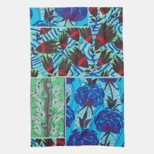 Paño De Cocina Arte floral vibrante maximalista azul y verde