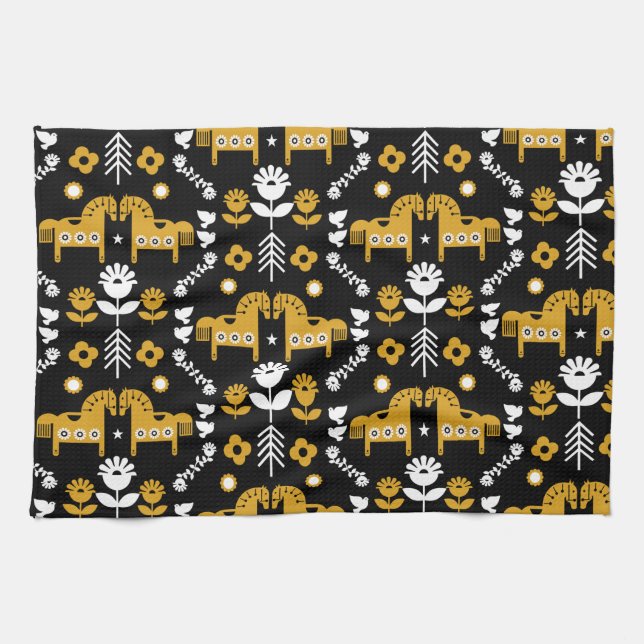 Paño De Cocina Arte folclórico escandinavo de caballos (Horizontal)