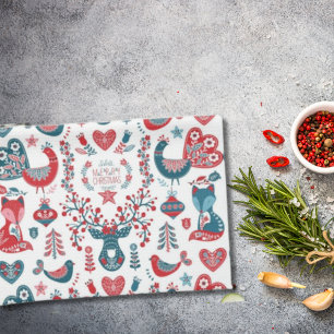 Paño De Cocina Arte Folclórico Escandinavo de Navidad Rojo y Azul