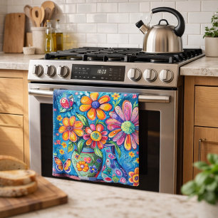 Paño De Cocina Arte Folclórico Floral Caprichoso y Colorido