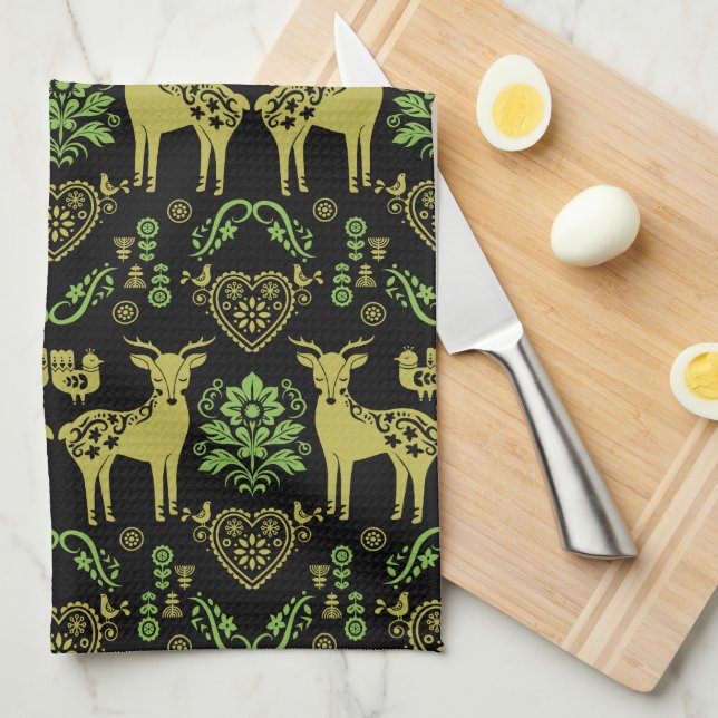 Paño De Cocina Arte folclórico noruego Rosemaling (Doblado Cuarto)