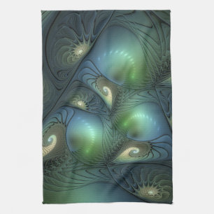 Paño De Cocina Arte fractal abstracto espirales verde beige azul