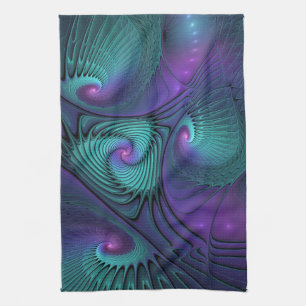 Paño De Cocina Arte fractal abstracto moderno de púrpura y turque